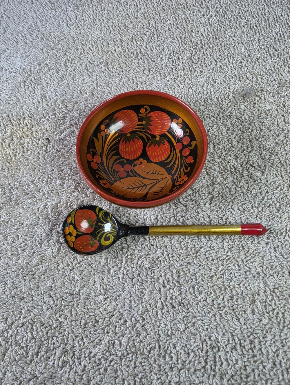 Hand-Painted Russian Style Wooden Bowl & Spoon Set - Black, Red, Gold Floral - Picture 7 of 7